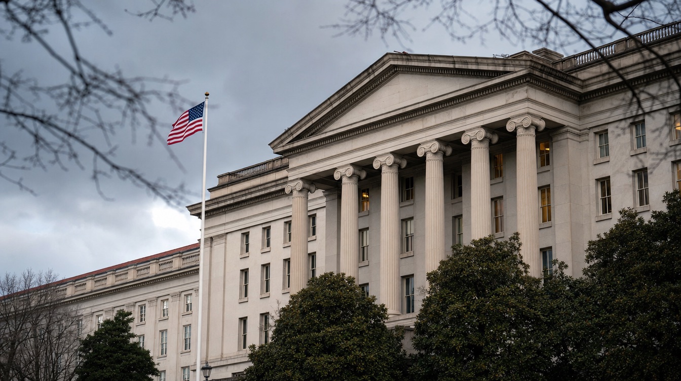 Federal regulatory building with American flag, framed by magnolia branches under overcast sky