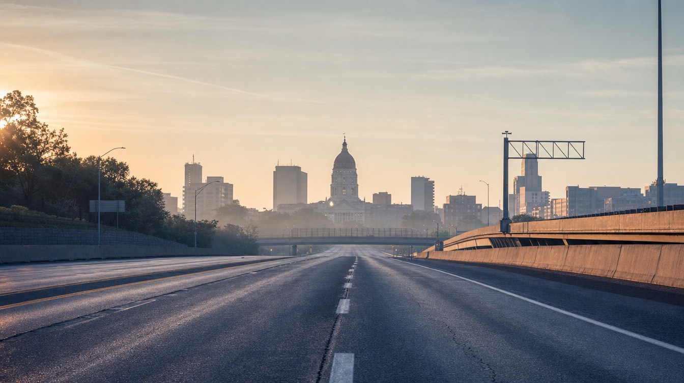 An interstate highway at dawn, lane markings receding to the horizon
