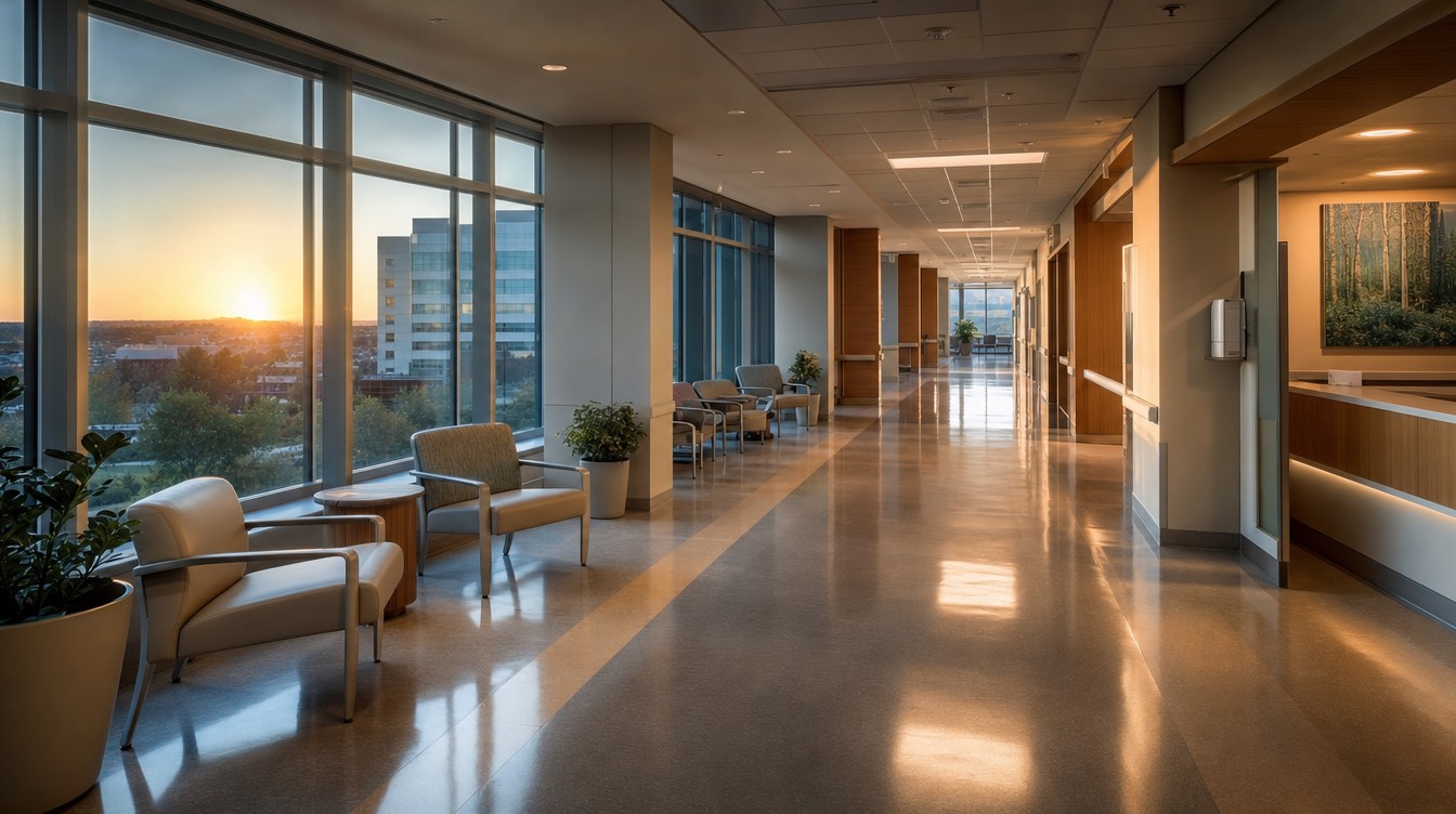 A modern hospital corridor at golden hour