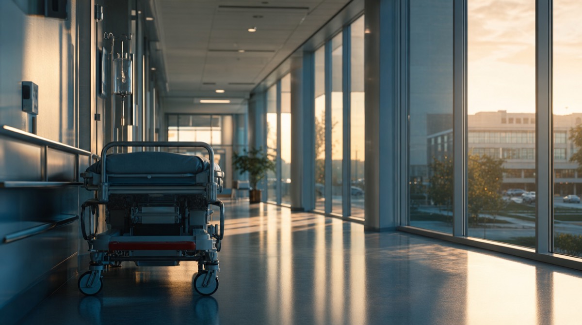 A modern hospital corridor at golden hour, soft natural light through floor-to-ceiling windows