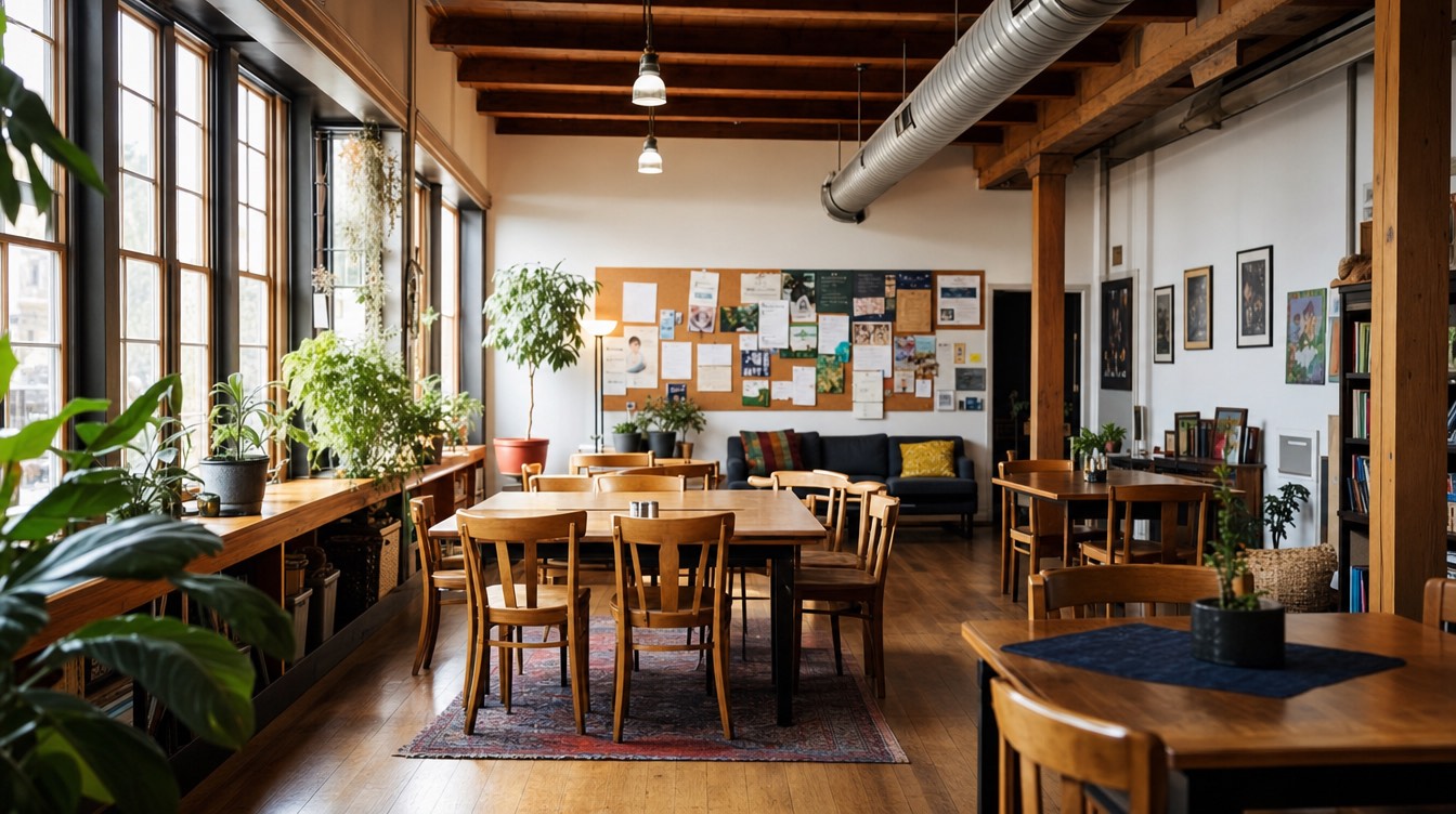 A warm community-space interior with natural light