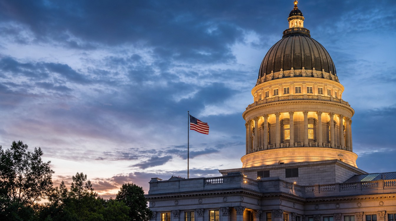 A state capitol dome at twilight