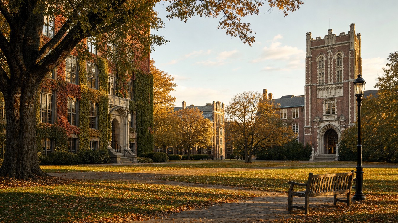 A sunlit university quad in early summer, students crossing a green campus lawn