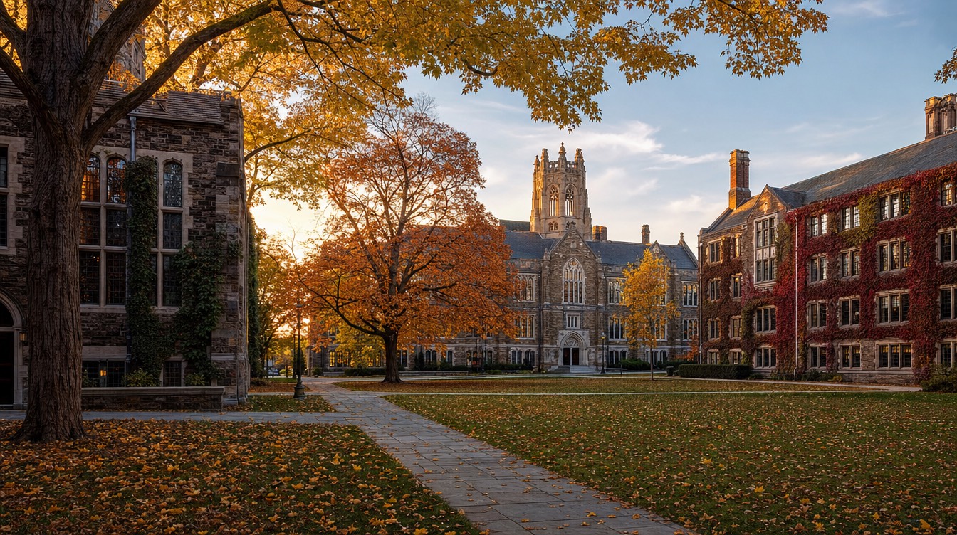 A college campus quad in early summer