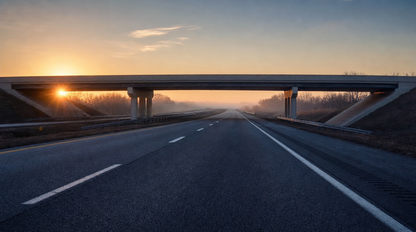 An interstate highway at dawn, lane markings receding to the horizon