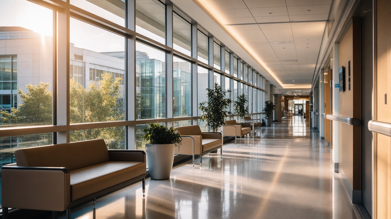 A modern hospital corridor at golden hour