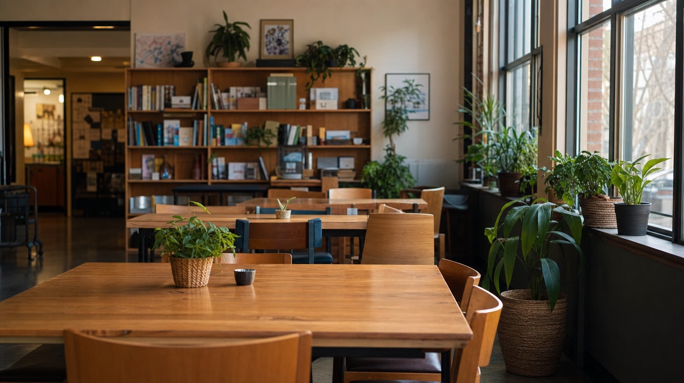 A warm community-space interior with natural light