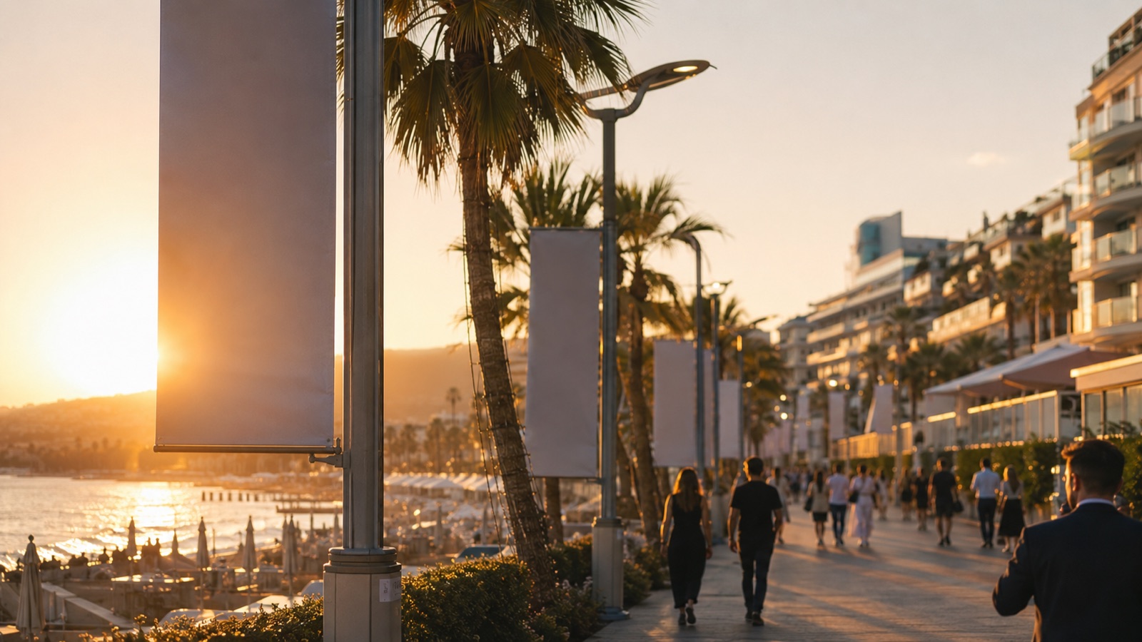 The Cannes Croisette at golden hour, festival banners along the waterfront, editorial wide shot