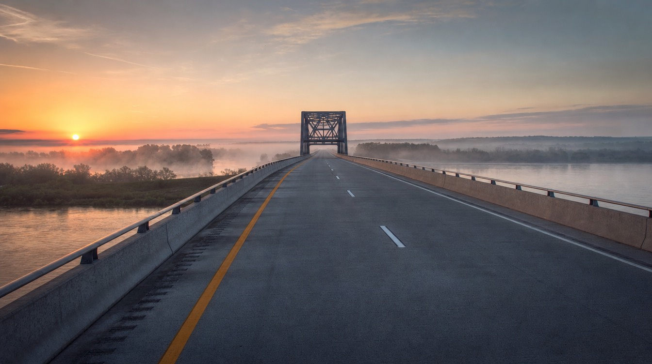 An interstate highway work zone at dawn, lane markings receding to the horizon