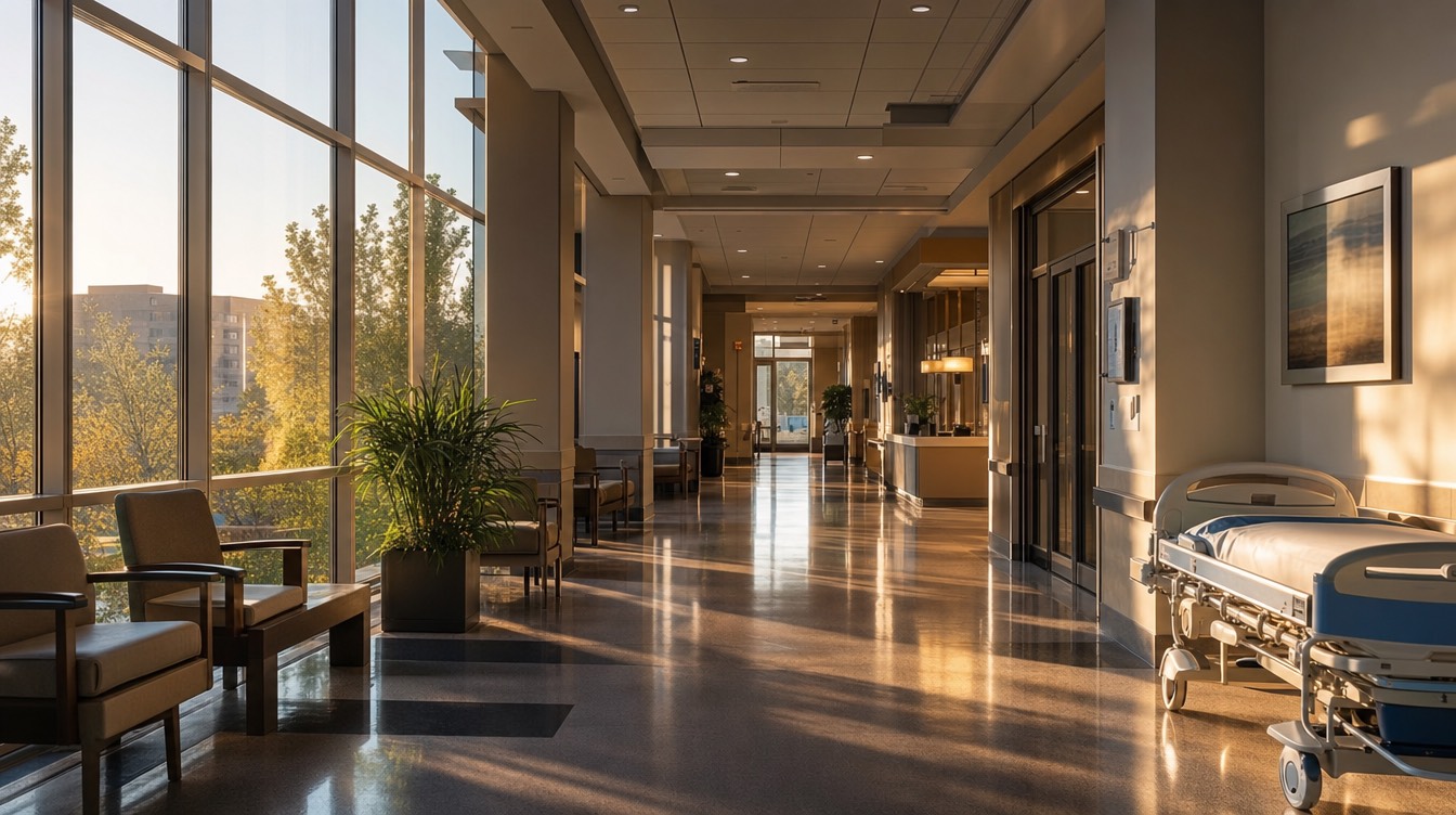 A modern hospital corridor at golden hour
