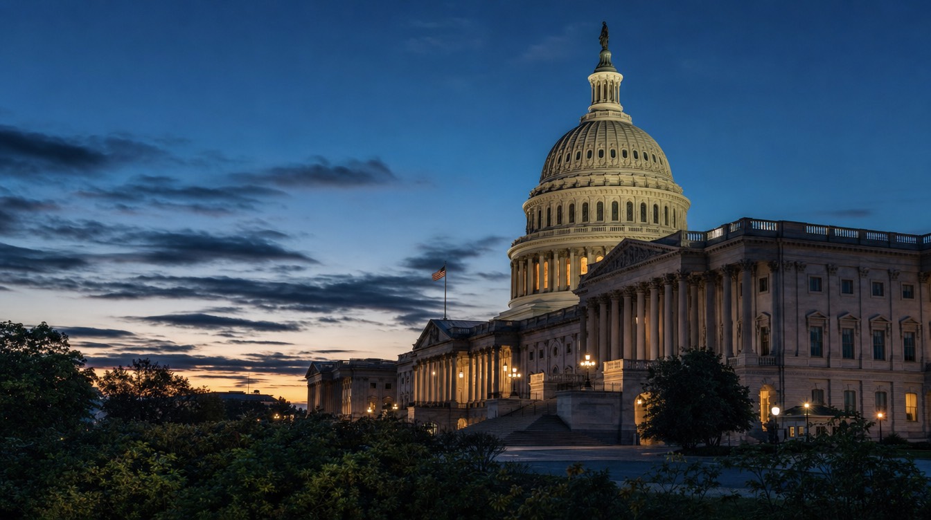 A state capitol dome at dusk with television broadcast towers on the horizon, editorial wide shot