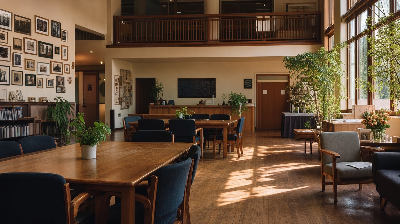 A warm community-space interior with natural light