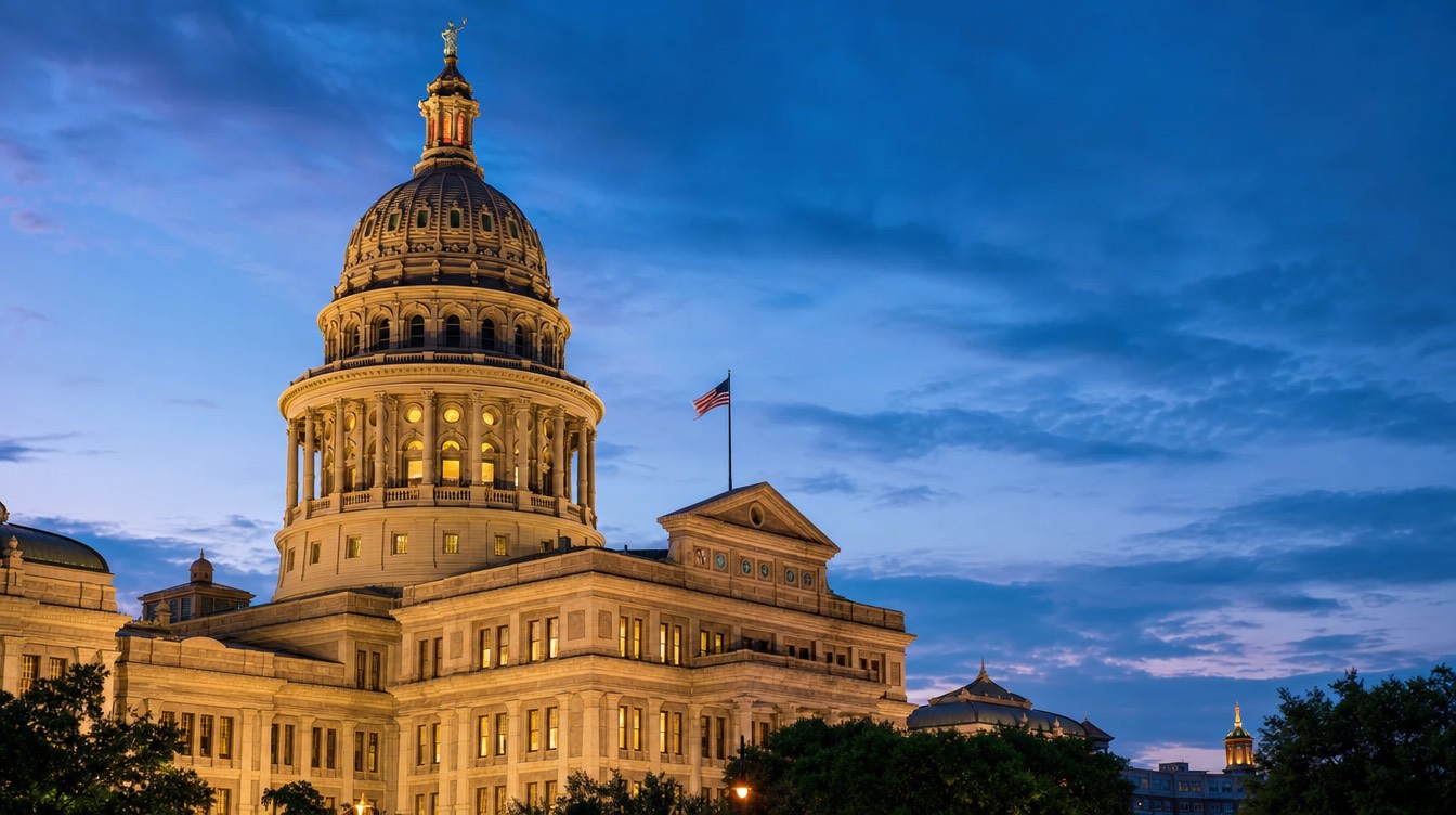 A state capitol dome at twilight