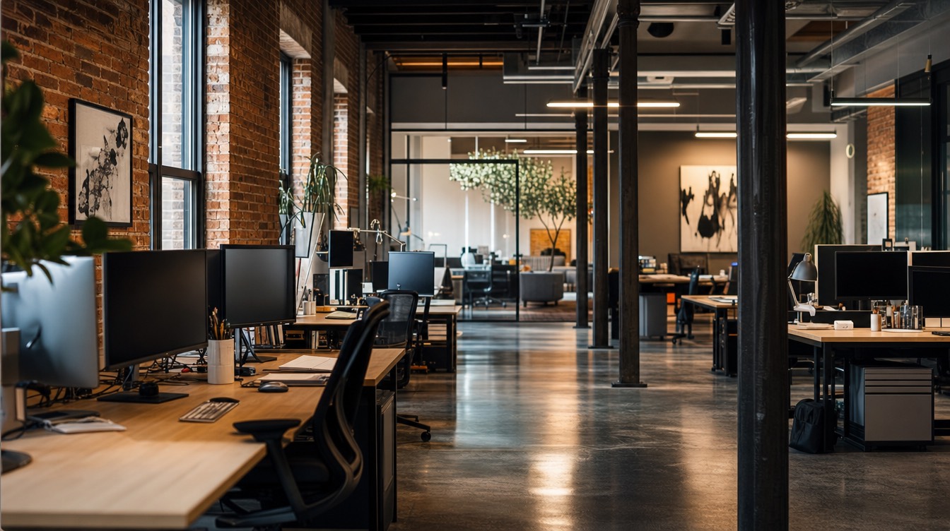 A creative studio workspace at dusk, screens glowing