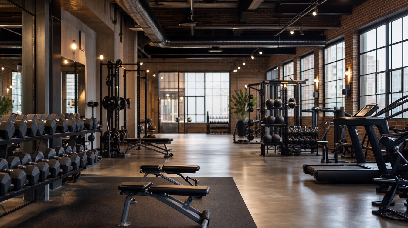 A strength-training studio with morning light through floor windows