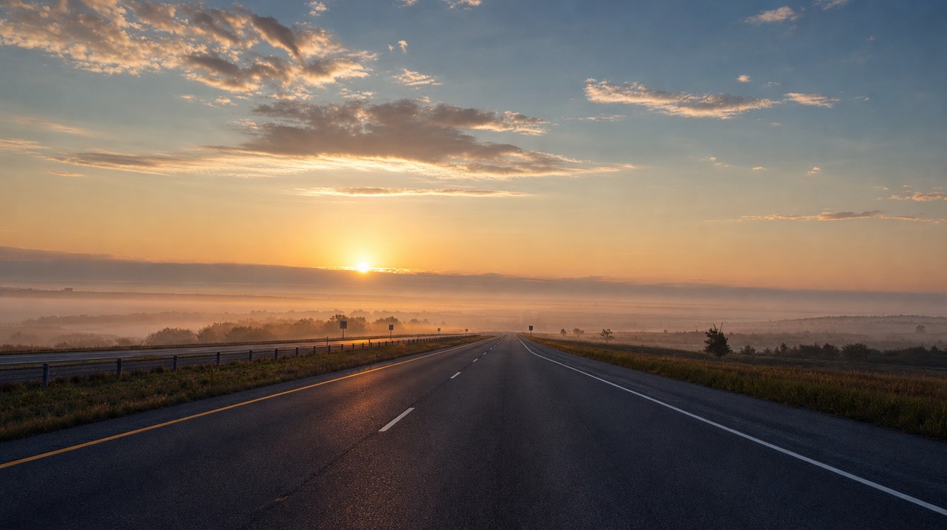 A two-lane mountain highway with warning signage at dawn