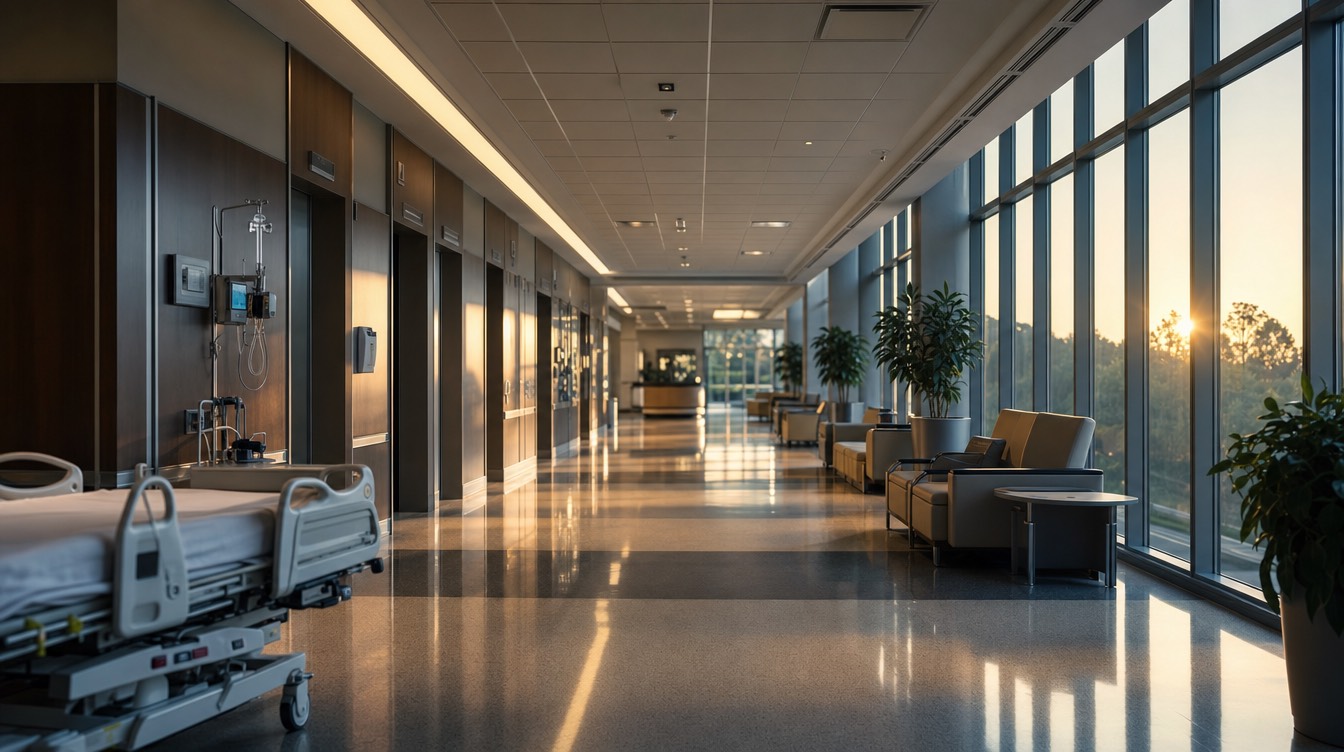 A modern hospital corridor at golden hour