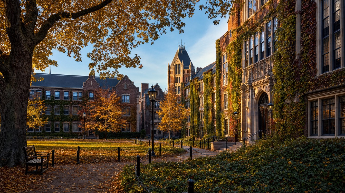 A university quad in summer, empty pathways and long shadows