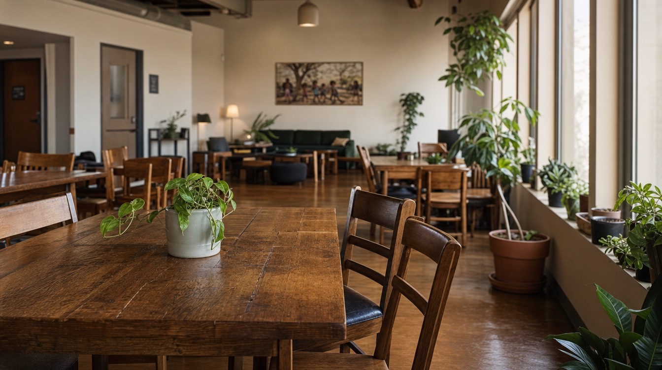 A warm community-space interior with natural light